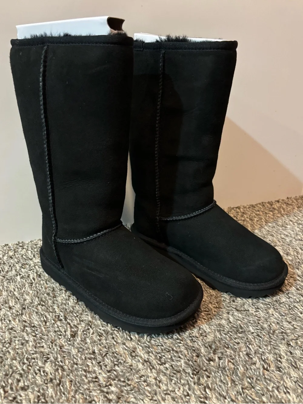 UGG Kids Classic Black Suede Tall Boots with Shearling Trim